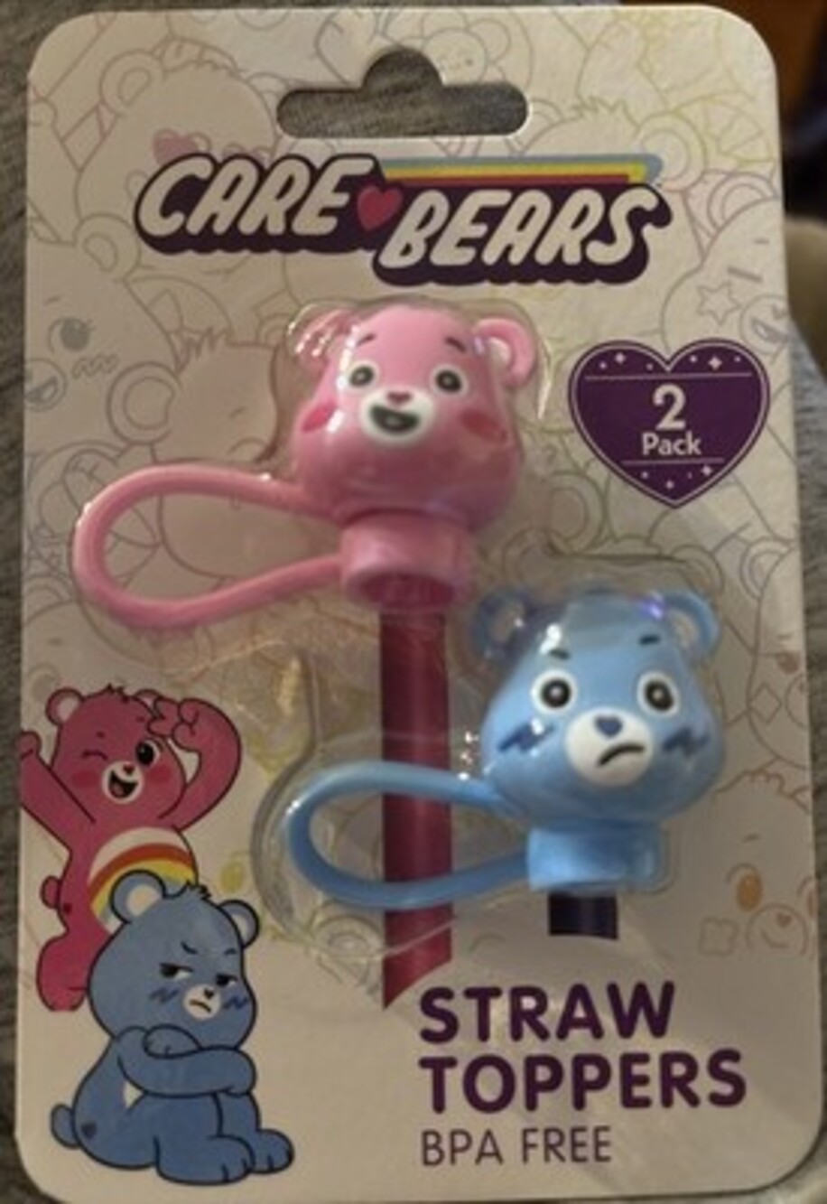 NEW Care Bear Straw Topper 2 Pack blue Grumpy Bear And pink Cheer Bear